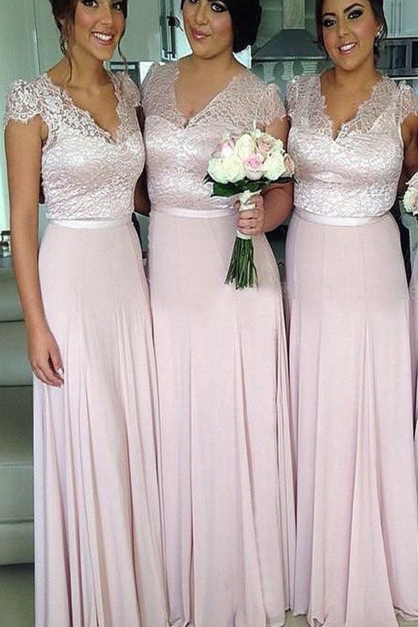 V-Neck Lace A-Line Bridesmaid Dresses Short Sleeve Floor Length Prom Gowns