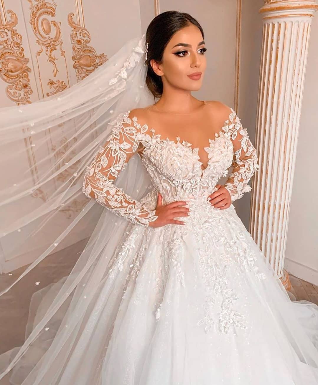Royal Jewel Long Sleeve Floral Ball Gown Wedding Dresses | Beaded Puffy Wedding Gown