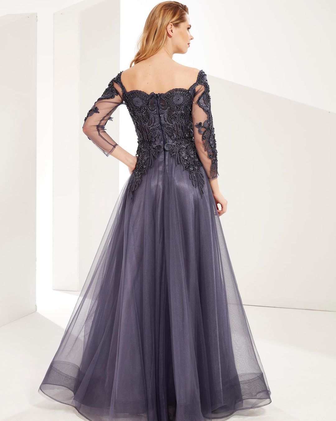 Classy Long Sleeves Sweetheart Lace Tulle A-Line Floor-length Ruffles Prom Dress