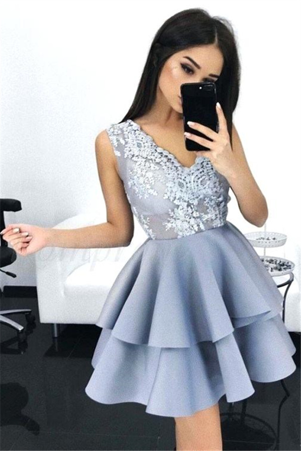 Layers Sleeveless V-Neck A-line Elegant Lace Homecoming Dresses