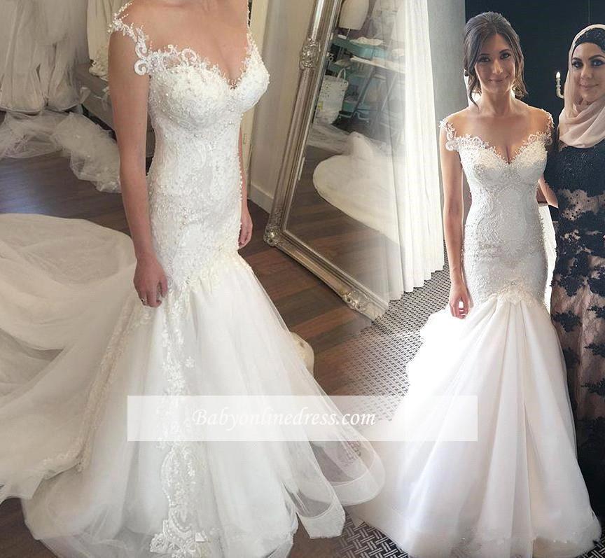 Vintage Mermaid Lace Tulle Sweetheart Mermaid Wedding Dresses with Beading