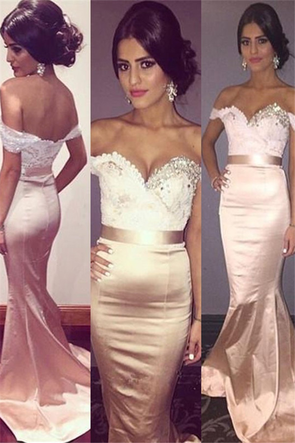 Chic Off-the-Shoulder Crystal Prom Dresses Lace Mermaid Sleeveless Sexy Evening Dresses with Belt