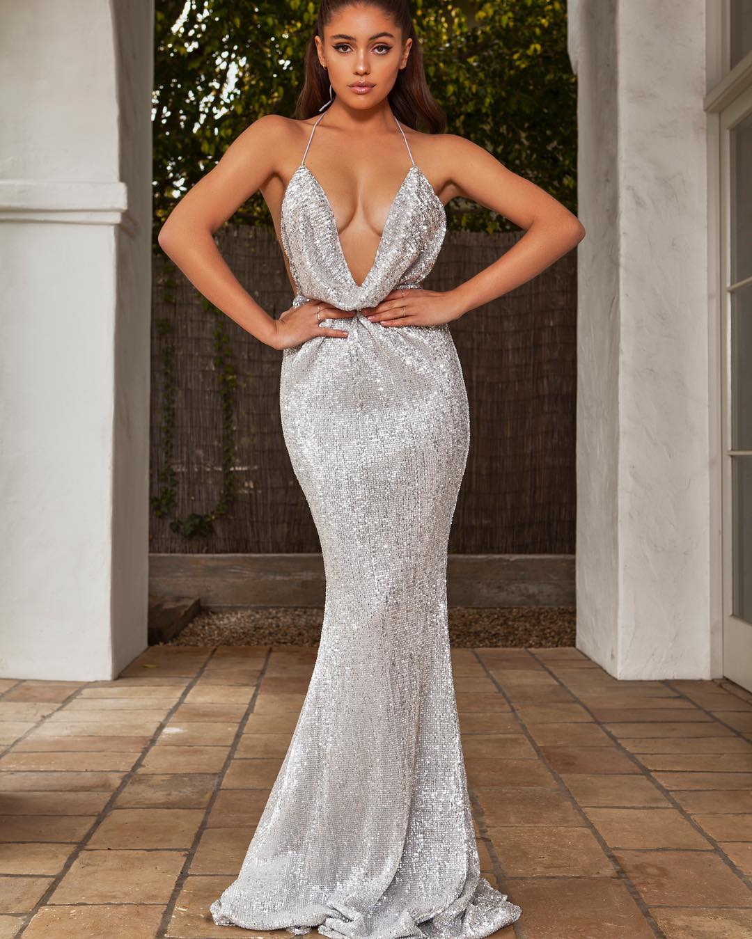 Halter Sleeveless Draped Neckline Sequined Fitted Prom Dresses