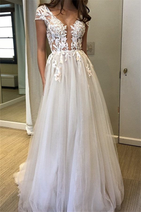 V-Neck Applique Prom Dresses Sheer Sleeveless Sexy Evening Dresses