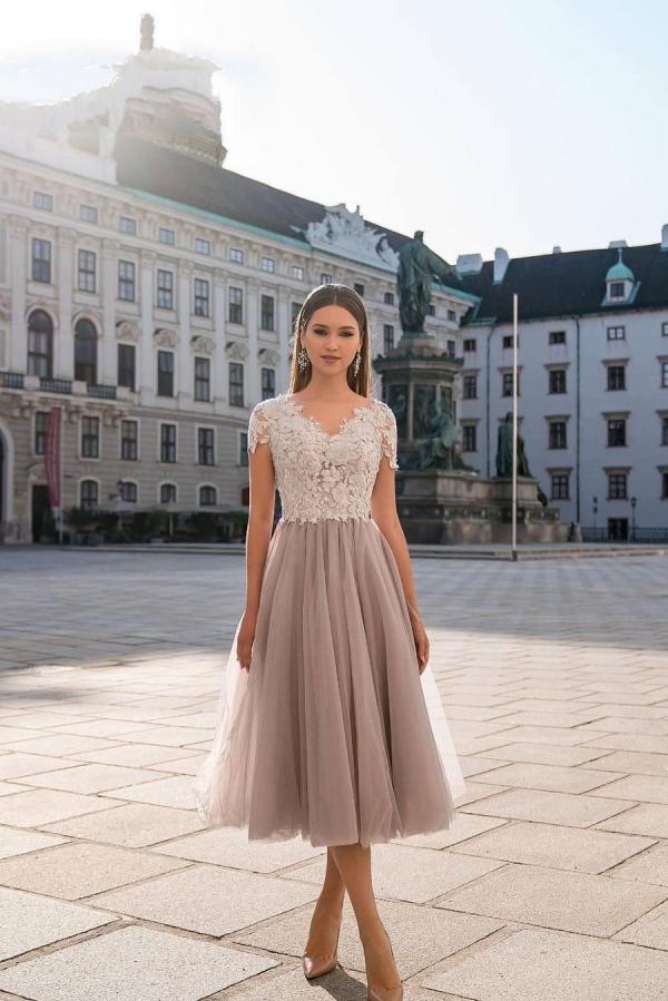 Stylish Short Sleeves V-neck Tulle A-line Tea-length Prom Dress With Floral