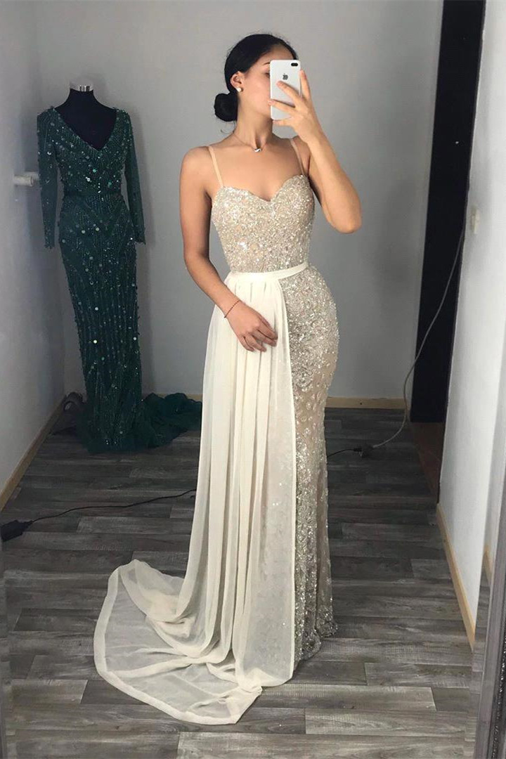 Sweetheart Fitted Spaghetti Straps Prom Dresses with Detachable Train