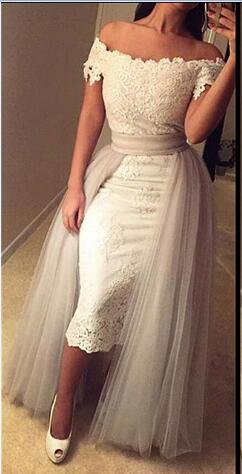 Mini Sheath Lace Off-the-Shoulder Prom Dress with Detachable Skirt