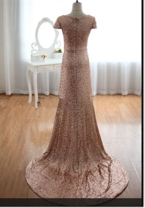 Sexy Deep V-Neck Sequined Prom Dresses Short Sleeves A-line Evening Gowns