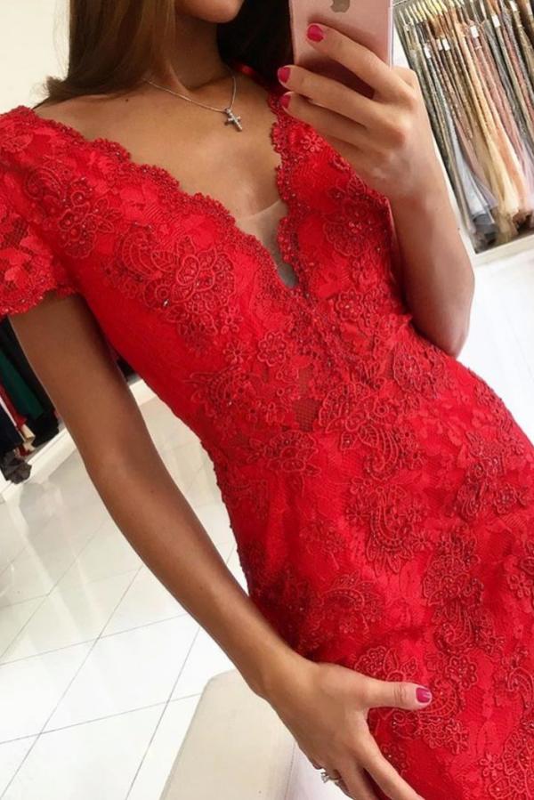V-neck Short Sleeves Mermaid Backless Prom Dress With Lace Appliques