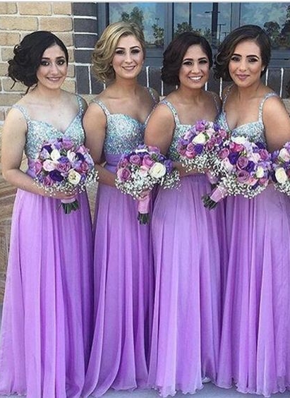 Lilac Long Bridesmaid Dresses Straps Chiffon Floor Length Maid of Honor Dresses