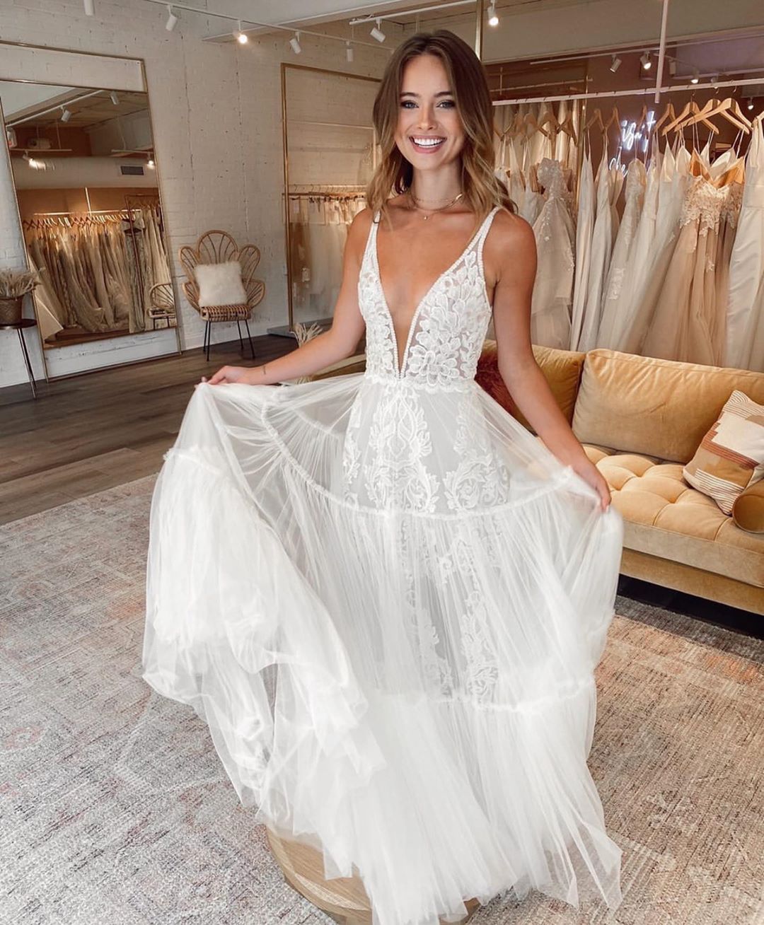Romantic Straps V Neck Applique Tulle A Line Beach Wedding Dress | Floor Length Wedding Gown