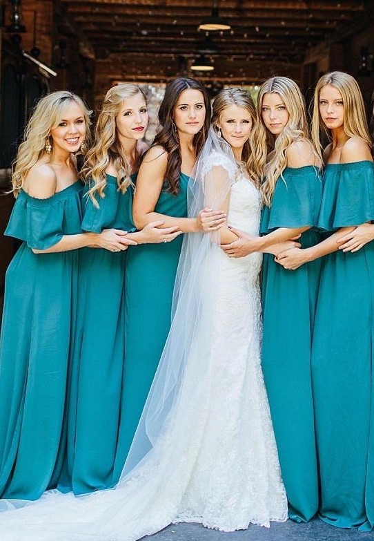 Elegant Hunter Off Chiffon Wedding Elegant Shoulder Long Party Green Bridesmaid Dress