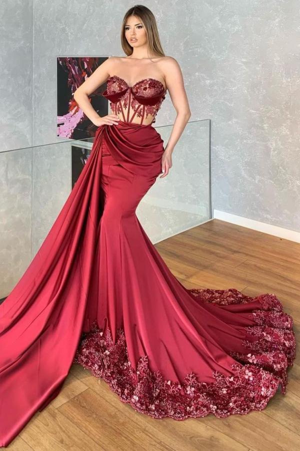Charming Sweetheart Appliques Lace Ruffles Mermaid Prom Dress With Side Train