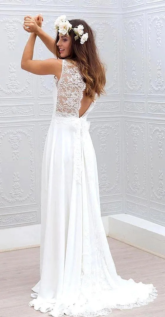 Beach White Lace A-line Chiffon Wedding Dresses