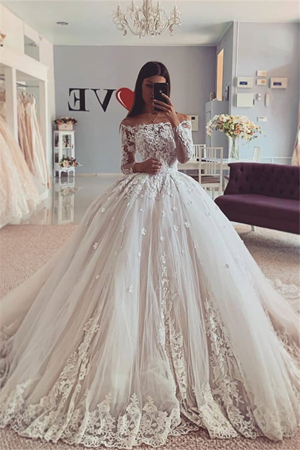 Graceful Long Sleeve Off The Shoulder Applique Floor Length Ball Gown Wedding Dresses