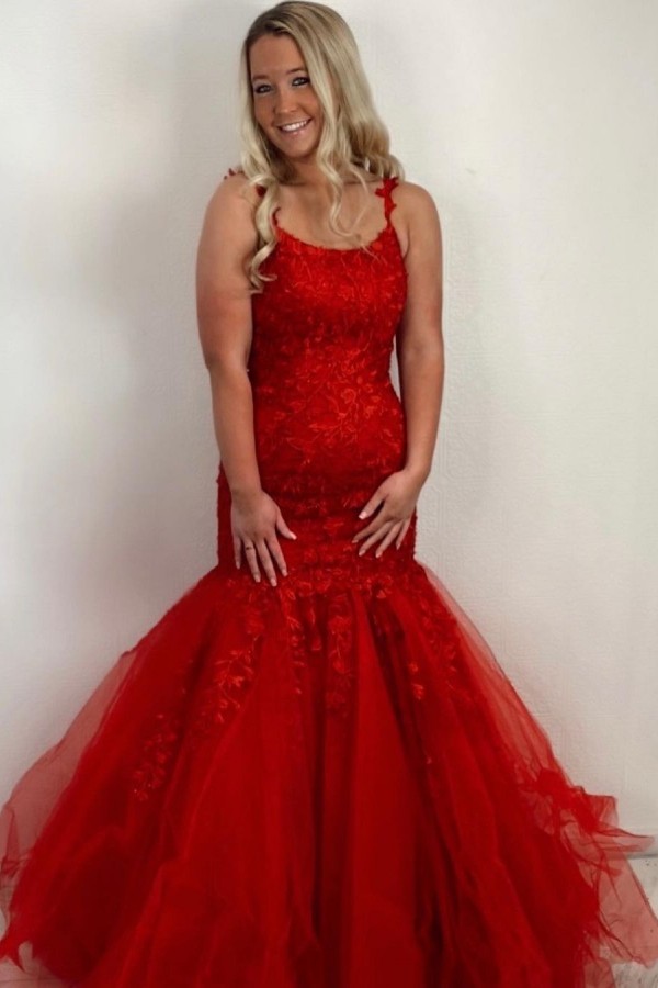 Stunning Spaghetti Straps Appliques Lace Tulle Floor-length Mermaid Prom Dress