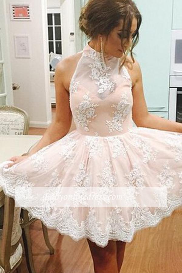 Cute Sleeveless Pink Lace Halter Neck Short Homecoming Dress