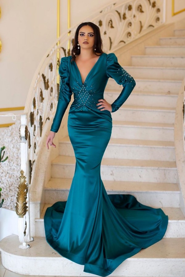 Classy Deep V-neck Long Sleeve Ruffles Beading Backless Floor-length Mermaid Prom Dress