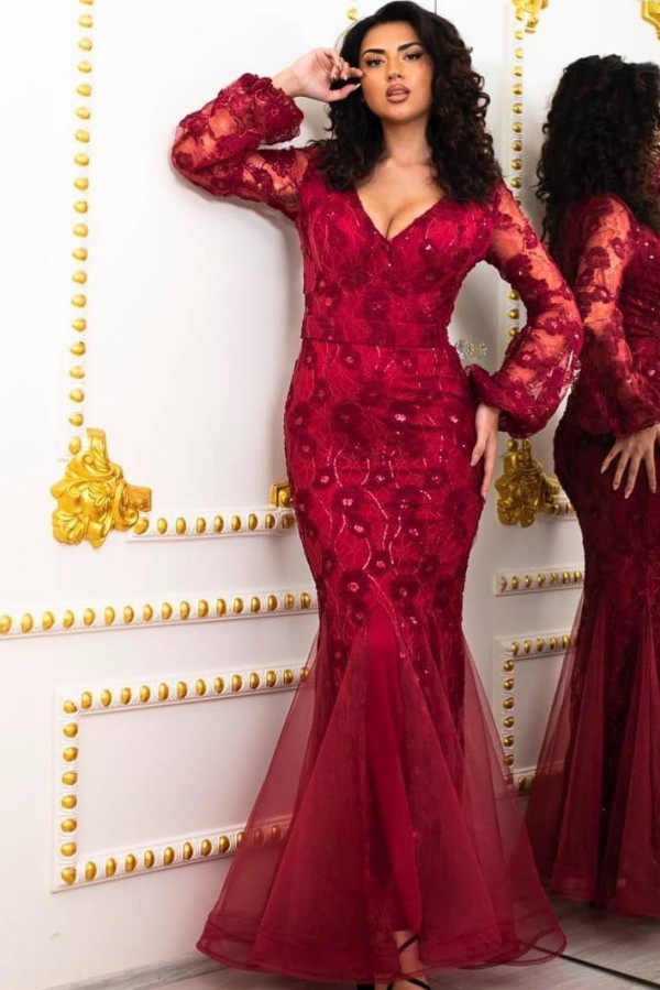 Stunning Deep V-neck Lace Tulle Flower Mermaid Prom Dress With Puffy Sleeves