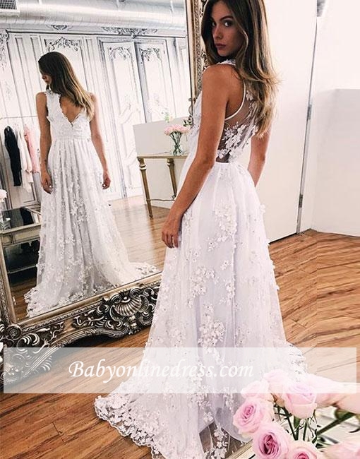 Lace Sweep-train White V-neck A-line Wedding Dress
