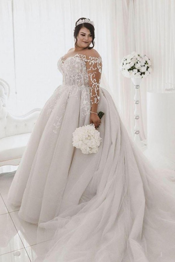 Plus Size Jewel Long Sleeve Applique Ball Gown Wedding Dresses | Pearls Bridal Gown