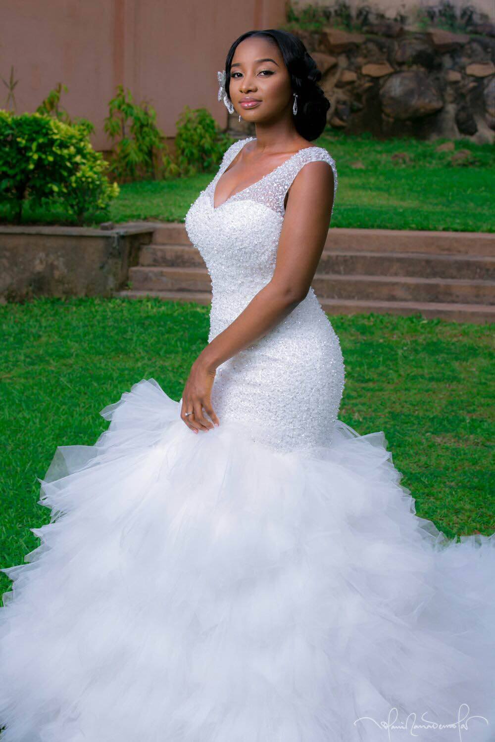 Beaded V-Neck Ruffles Mermaid Wedding Dresses with Lace-up Back