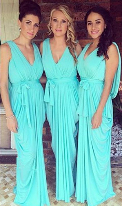 Simple V-Neck Sheath Bridesmaid Dress Chiffon Ruffles Open-Back Party Dress