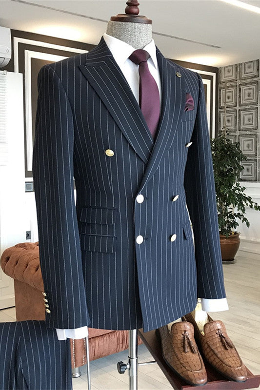tuxedo-for-men-navy-blue-peaked-lapel-striped-double-breasted-business-suits