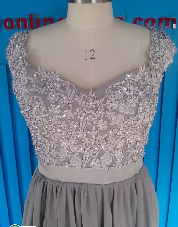 Sexy Silver Bridesmaid Dresses Lace Sequins Beaded Cap Sleeves Chiffon A-line Bridesmaid Dress