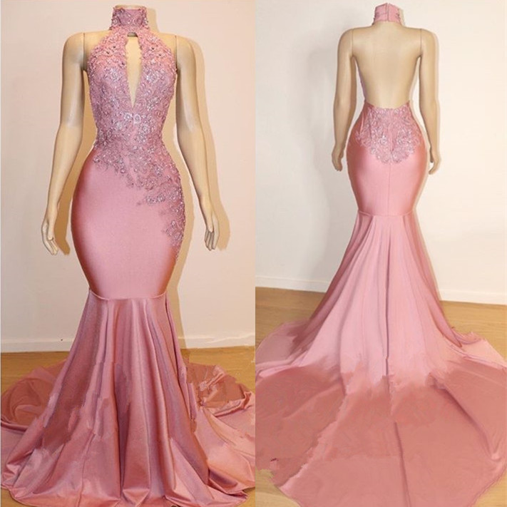 Pink High Neck Lace Mermaid Prom Dresses | Beaded Backless Long Evening Gown