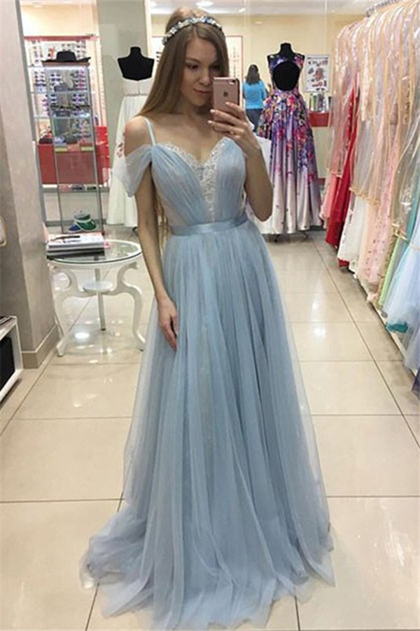 Spaghetti Strap Applique Sleeveless Prom Dresses Tulle Cheap Sexy Evening Dresses with Belt