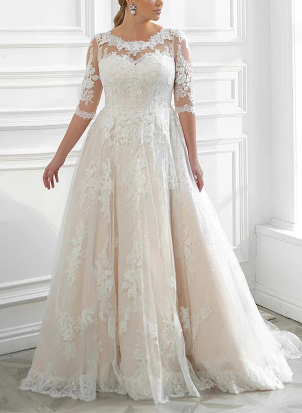 Boho Plus Size Long A-Line Tulle Lace Wedding Dresses With Sleeves