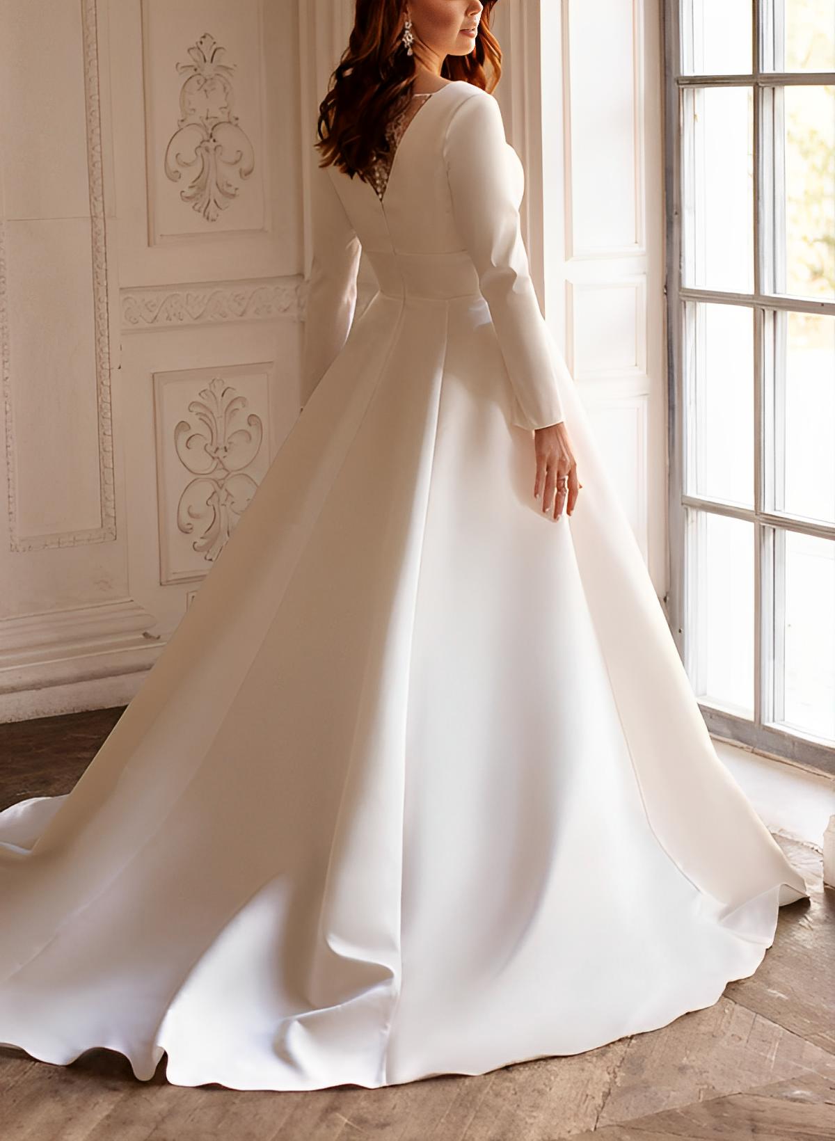 Plus Size Long Sleeves A-line Satin Wedding Dresses with Sweep Train