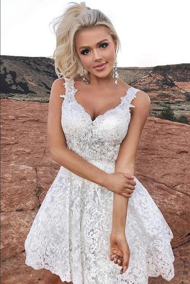 Simple White Appliques Lace Short Party Dress V-neck A-Line Prom Dress