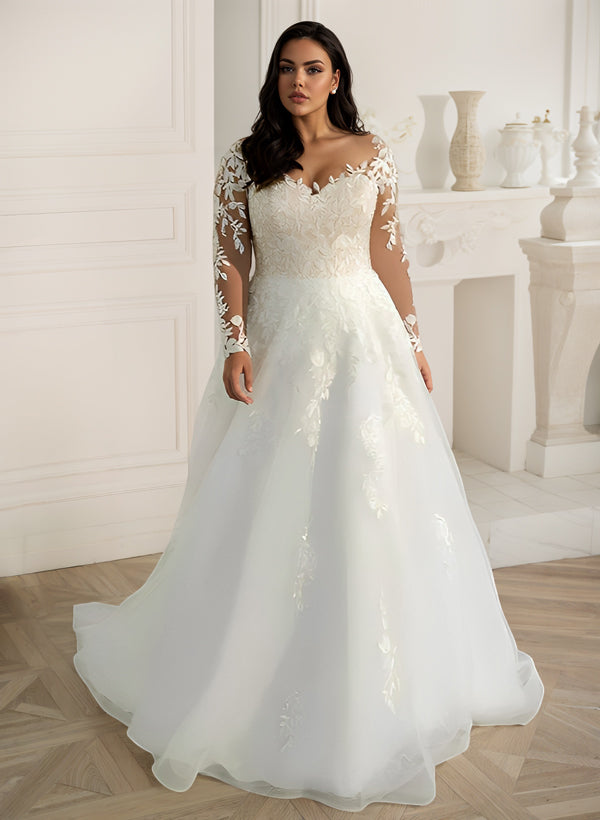 Plus Size Long Sleeves A-line Sweetheart Tulle Lace Wedding Dress with Appliques Lace