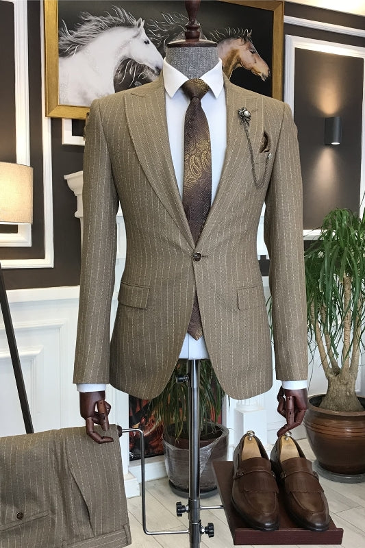 Men Suit Khaki Peaked Lapel Striped Business custom made Suit Set