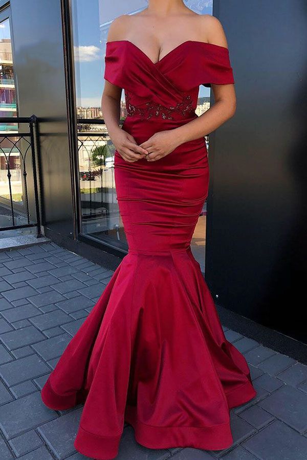 Exquisite Off Shoulder Mermaid Floor Length Burgundy Prom Dresses