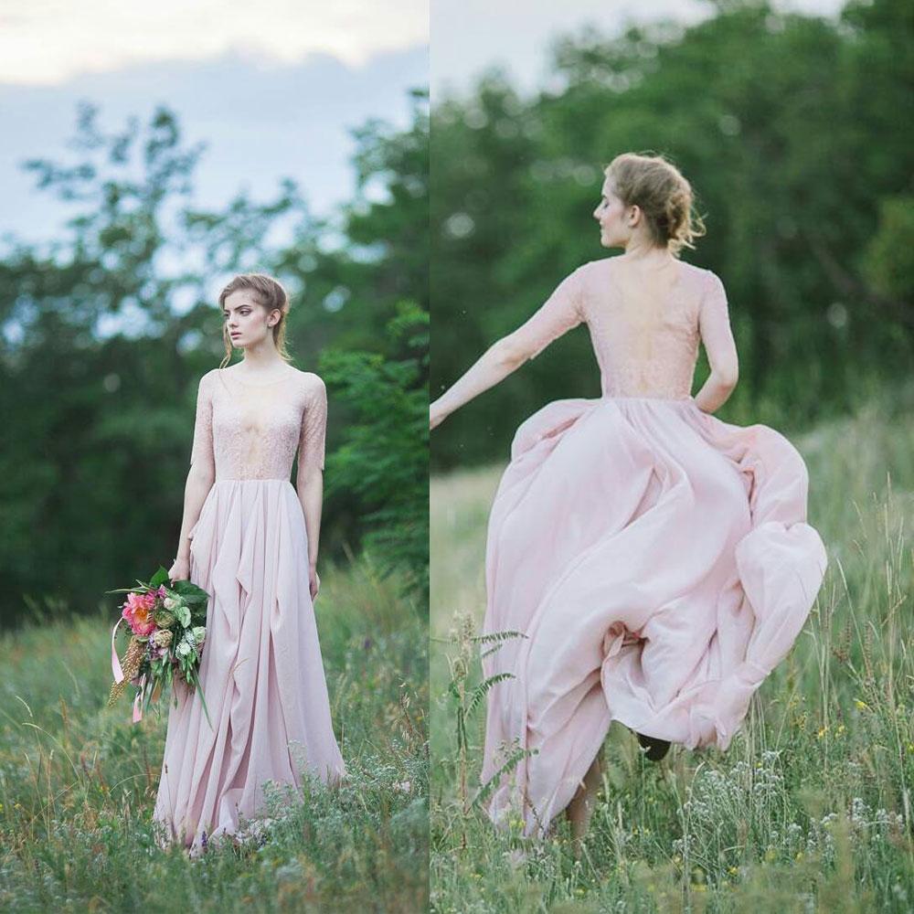 Sheer Lace Chiffon Bridesmaid Dresses Half Long Sleeves Ruffles Long Maid of Honor Dresses