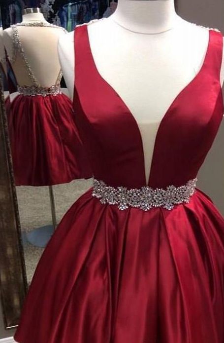 Short Burgundy Deep V-Neck Sheer-Back Backless Homecoming Dresses
