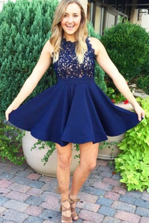 A-line Mini Modern Sleeveless Lace-Appliques Homecoming Dress