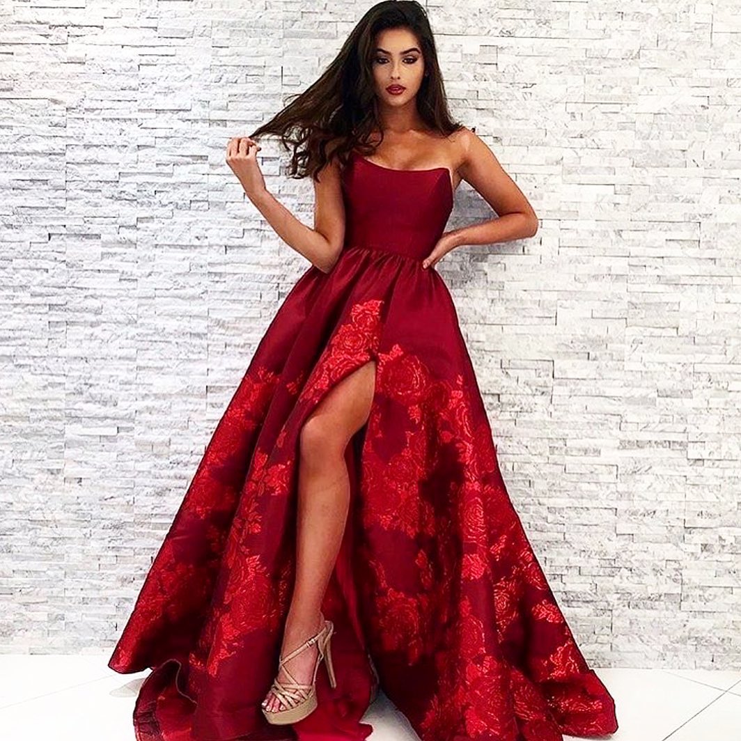 Sexy Strapless Backless Print Satin A-Line Ruffles Evening Dress With Side Slit