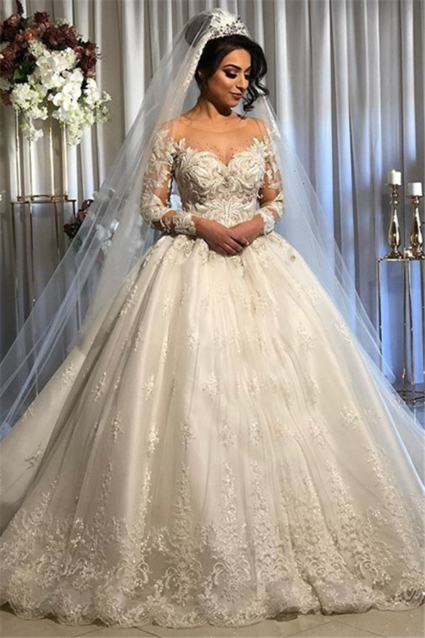 Off the Shoulder Lace Appliques Puffy Wedding Dresses with Half Sleeves