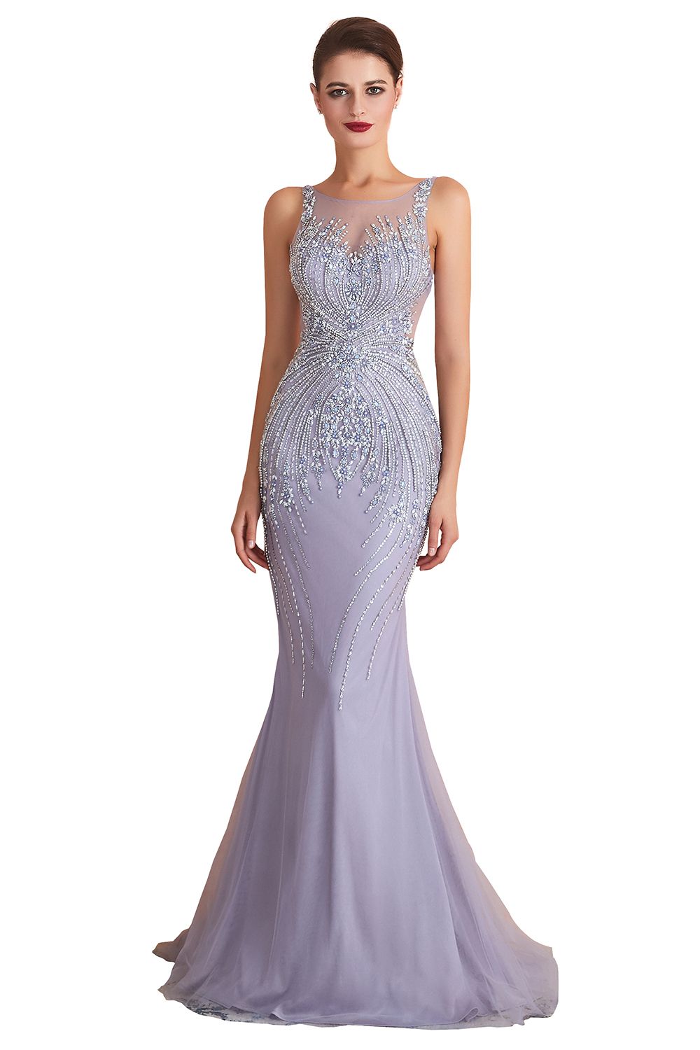 Bateau Sleeveless Beaded Floor Length Fit and Flare Prom Dresses