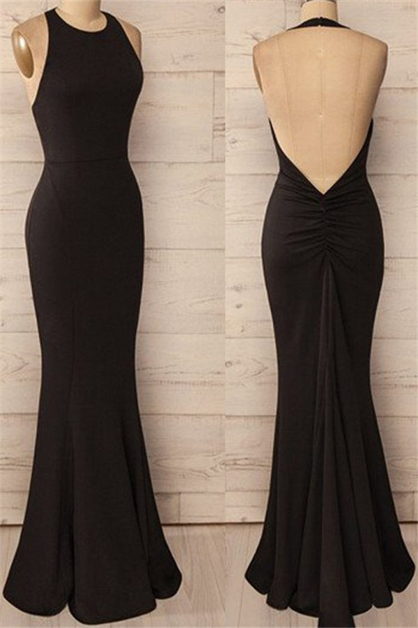 Black Halter Ruffles Prom Dresses Open Back Mermaid Sleeveless Sexy Evening Dresses