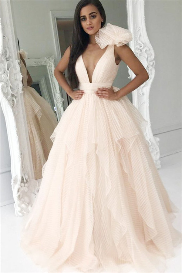 Ruffles V-Neck Bowknot Prom Dresses Cheap Tiered Sleeveless Sexy Evening Dresses