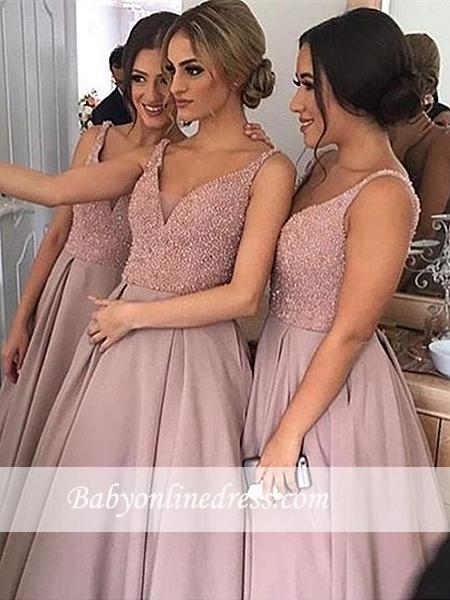 Elegant V-Neck Sleeveless Floor Length Bridesmaid Dress with Beadings