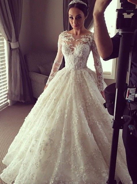Illusion Long Sleeves 3D-Floral Appliques Luxury Ball Gown Wedding Dresses