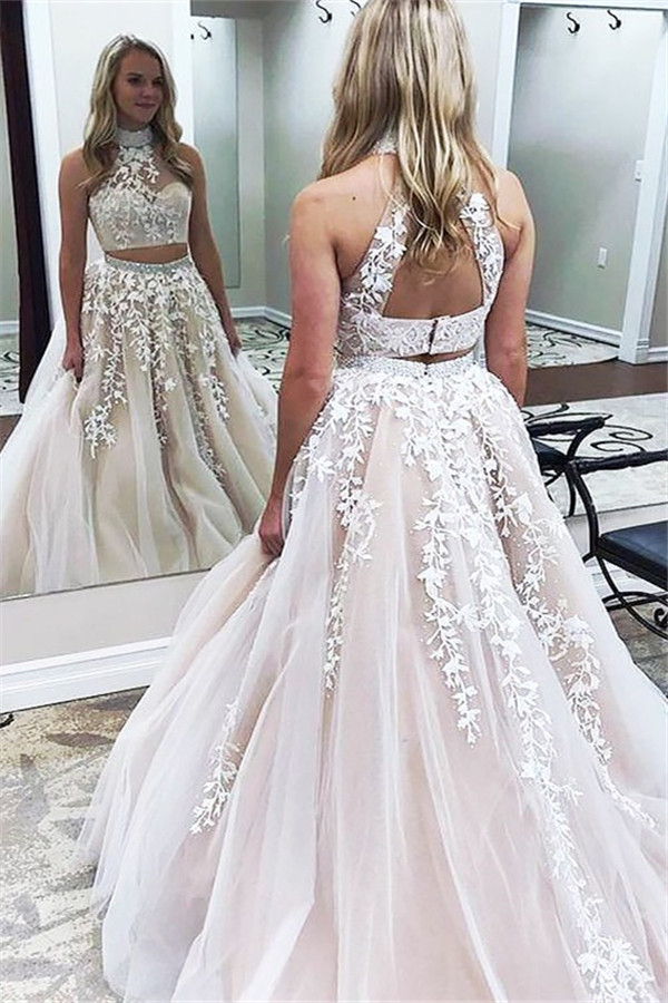 Chic Halter Two Piece Applique Prom Dresses Lace Up Crystal Sexy Evening Dresses with Beads