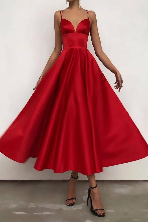 Vintage Spaghetti Straps V-neck A-Line Ankle-length Backless Prom Dress