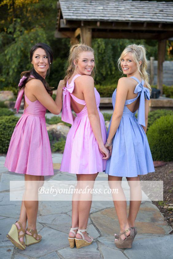 Cross Cheap Short Halter Back Bow Blue Bridesmaid Dresses